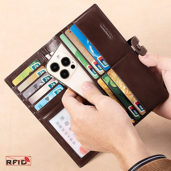Mens RFID Leather Wallet Long Clutch - DOROCHEY
